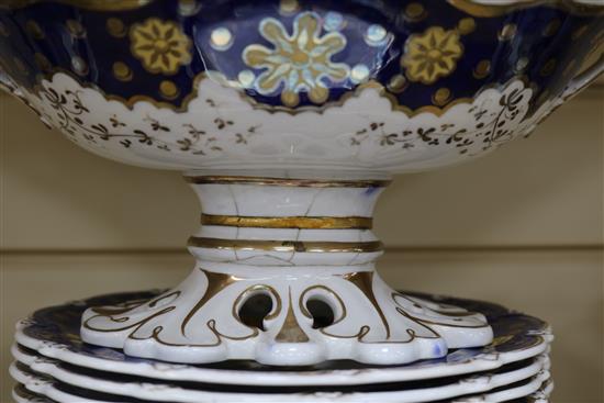 A Staffordshire dessert service, decorated in cobalt blue and gilt and painted topographical scenes